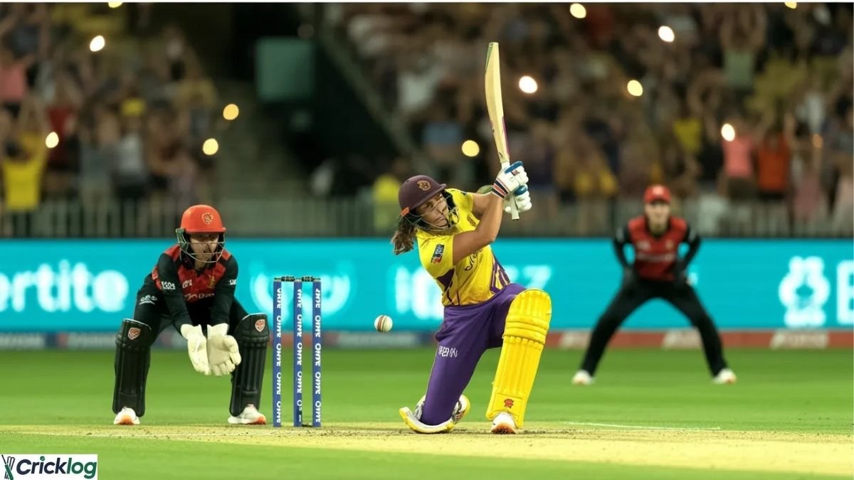 Women cricketer playing powerful shot