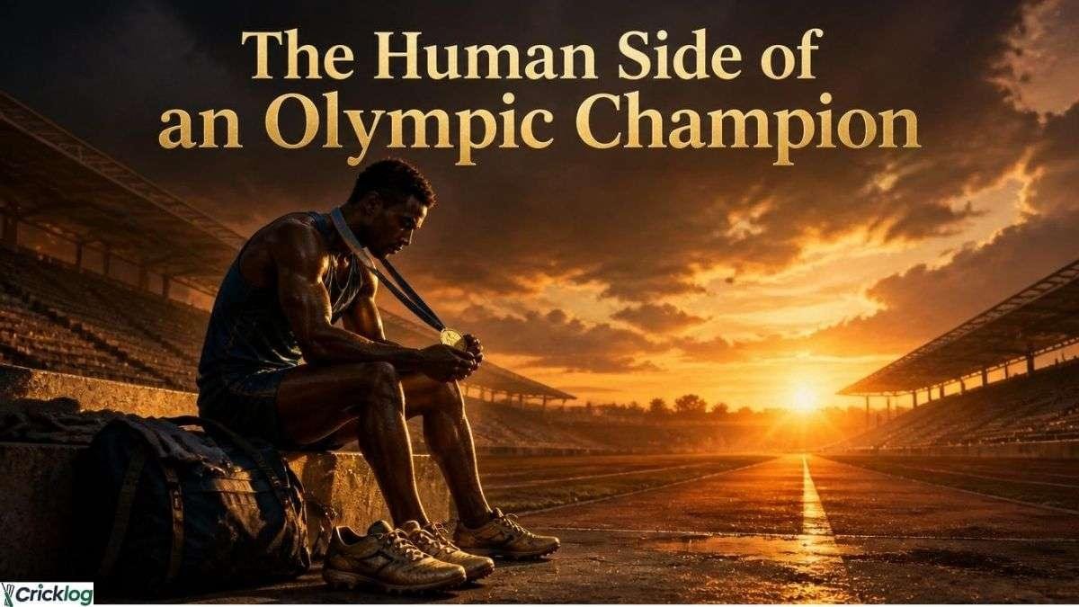 Olympic champion holding gold medal at sunset